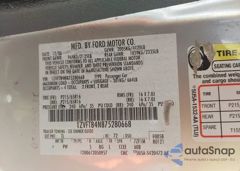 2007 Ford Mustang V6 Deluxe/V6 Premium z USA, uszkodzony, nr VIN 1ZVFT84N875280668